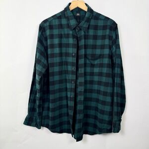Uniqlo Mens XL Flannel Shirt Green Black Buffalo Check Plaid Button Down 431478